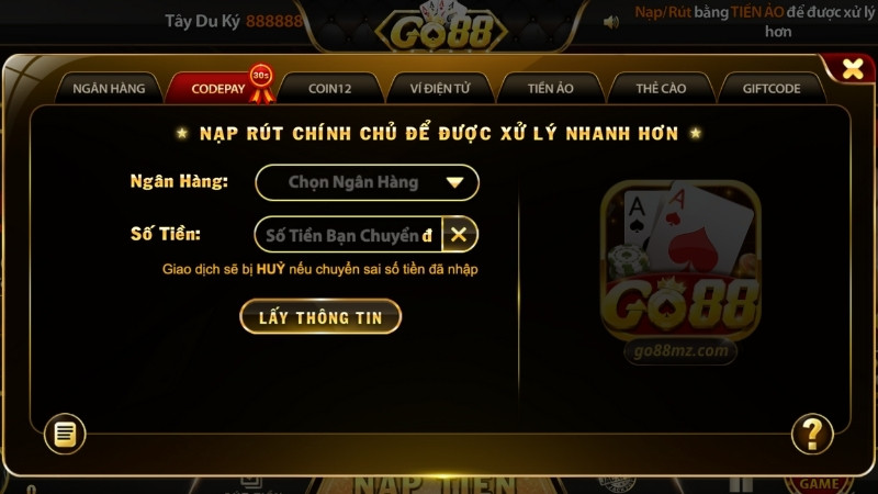 Hướng dẫn nạp tiền Go88 nhiều hình thức