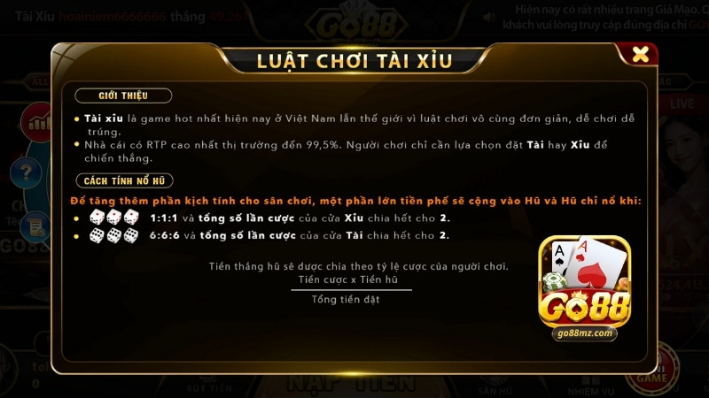 Luật chơi gametài xỉu Go88 chi tiết, dễ hiểu