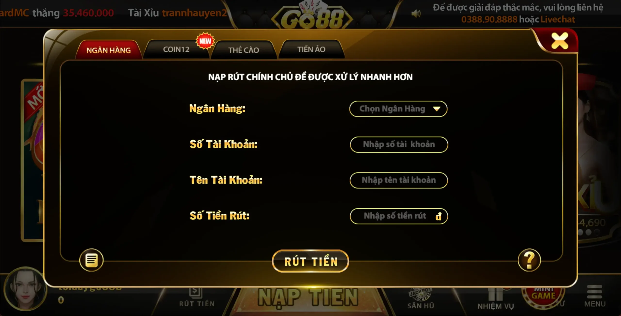 Các hình thức rút tiền Go88